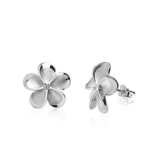 Sterling Silver Diamond Center Plumeria Stud Earrings