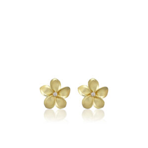 14K YG Plumeria Diamond Stud Earrings 11mm
