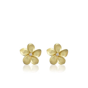 14K YG Plumeria Diamond Stud Earrings 13mm